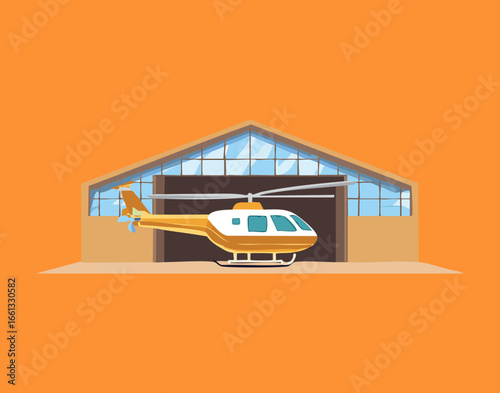 A Brightly Colored Yellow Helicopter Secured Within a Large Open Storage Facility, Highlighting Aviation Maintenance and Safety	