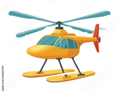 Simple, cartoon-style illustration of a bright yellow helicopter with large rotor blades, ready for general aviation use	