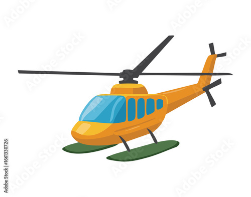 Bright yellow passenger helicopter with skids, ready for sightseeing tours or quick transport over a lush green area	