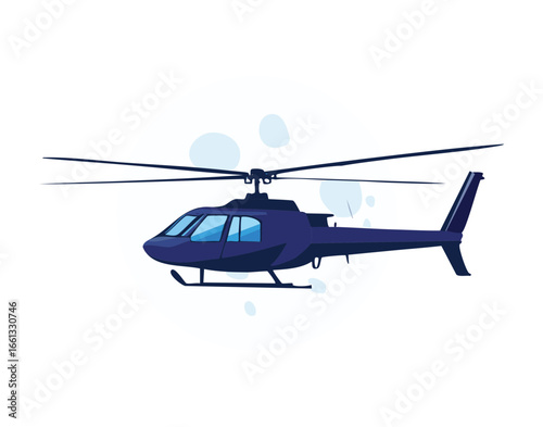 Sleek dark blue utility helicopter with clear windows, ready for fast transportation or essential emergency services	