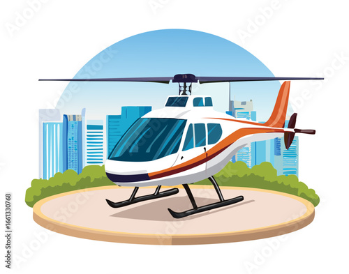 Modern civilian helicopter landing on a rooftop pad in a bustling city skyline, depicting urban transport and travel	