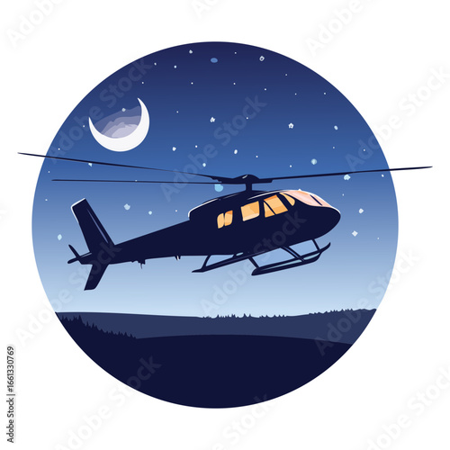 Dark transport helicopter flying under a crescent moon and stars, suggesting a secret or covert nighttime aviation mission	