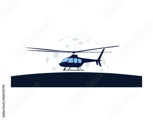 Minimalist silhouette of a sleek utility helicopter flying across a stark black and white horizon, symbolizing air patrol	