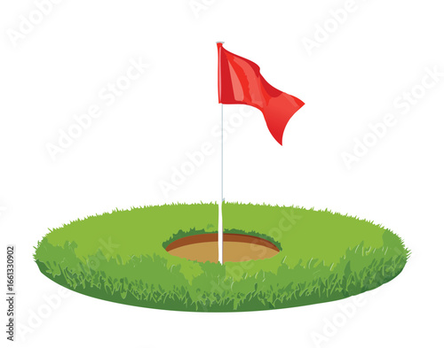 Red Golf Flag on a Golf Course Green, a Classic and Iconic Image for Golfing, Tournaments, and Outdoor Recreation