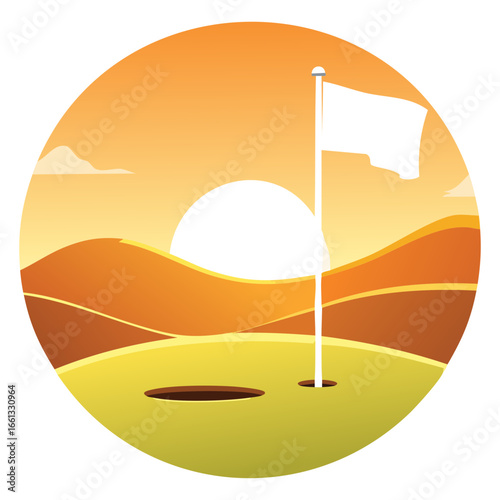 Circular icon of a golf course putting green with a white flag, set against a beautiful mountain sunset landscape	