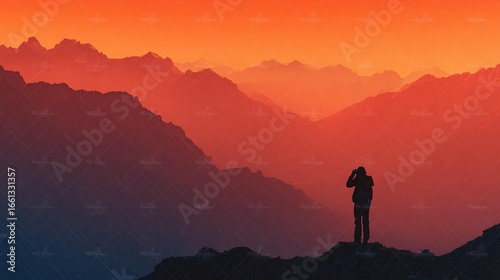 Solitary figure mountain sunset landscape