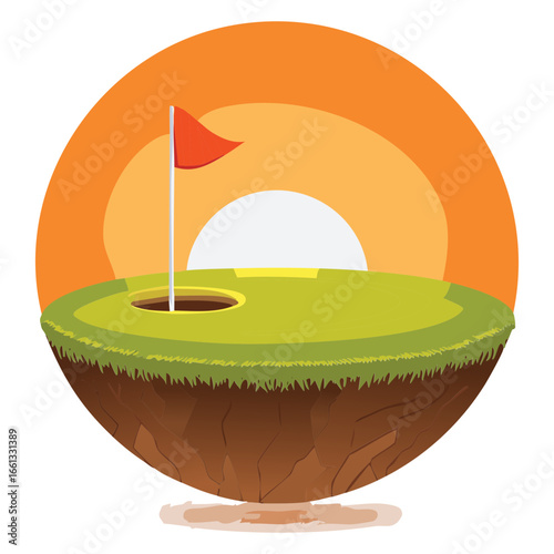 Golf Green with a Flag on an Island at Sunset