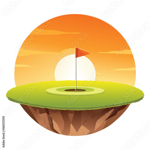 Golf Course Hole with a Red Flag on a Floating Island