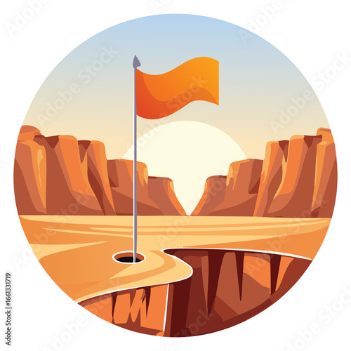 Orange Flag on a Cliff in a Desert Landscape at Sunrise