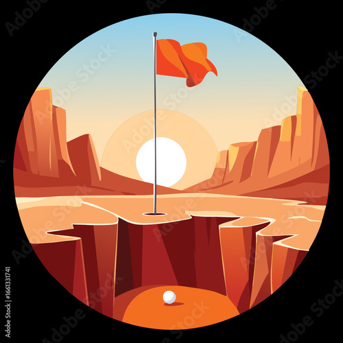 Red Flag on a Cliff in a Desert Landscape at Sunrise