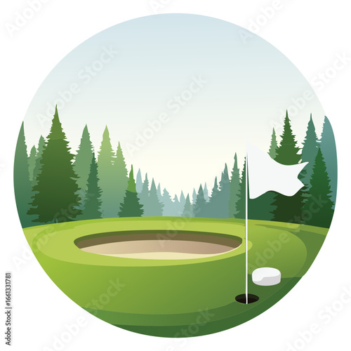White Golf Flag on a Green with a Sand Bunker