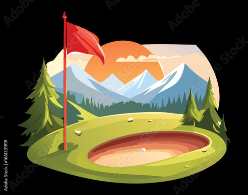  Cartoon Illustration of a Golfing Scene with a Dark Background