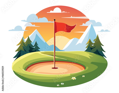 Red Flag on a Hilly Golf Course with Mountains at Sunrise