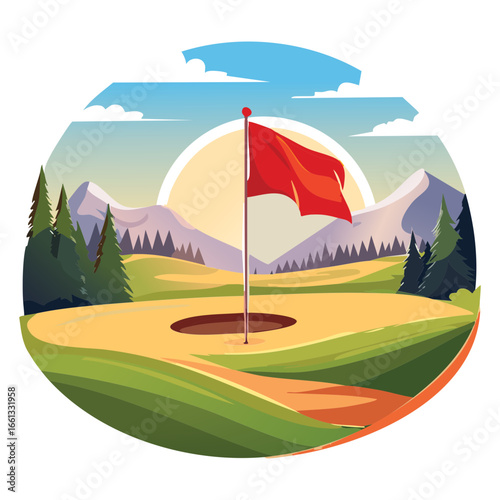 Red Flag on a Hilly Golf Course with Sunset and Mountains