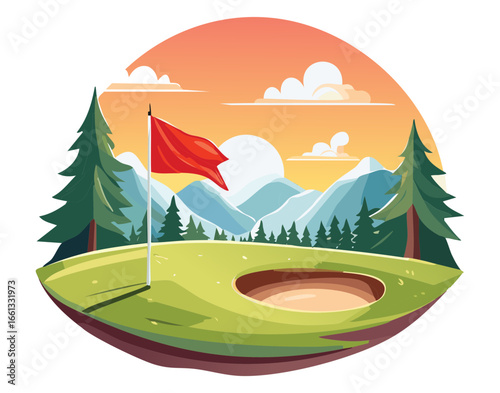 Red Flag on a Hilly Golf Course with Mountains and Trees
