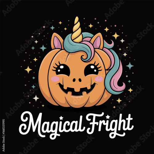 Magical fright unicorn pumpkin, cute fantasy face, rainbow mane and horn, sparkling stars, halloween character, vector illustration, kids decor, fairytale style