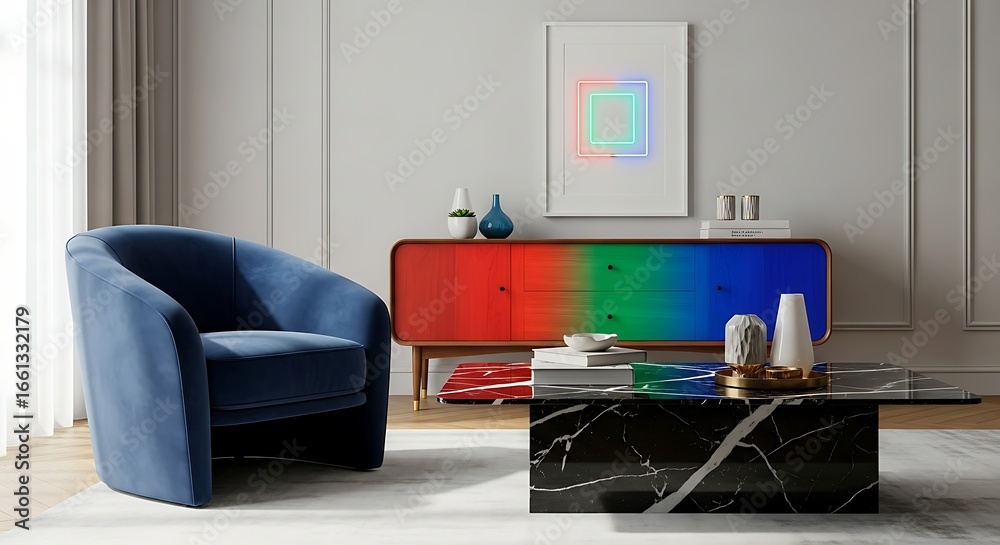 Fototapeta premium Stylish Blue Armchair and Rainbow Cabinet with Marble Coffee Table interior living room