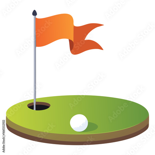 Golf Hole on the Green with an Orange Flag and a White Golf Ball Lying Next to the Putting Cup	