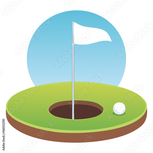 Golf hole with a white flag and a golf ball, with a large full moon in the background
