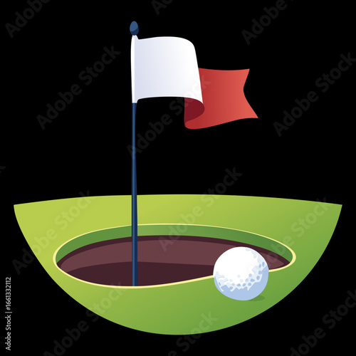 Golf hole with a two-colored white and red flag, with a white golf ball nearby
