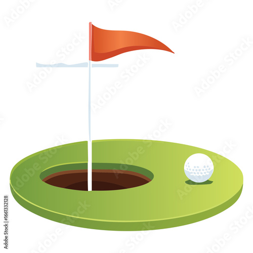 Golf hole with a bright orange flag and two white golf balls on the course