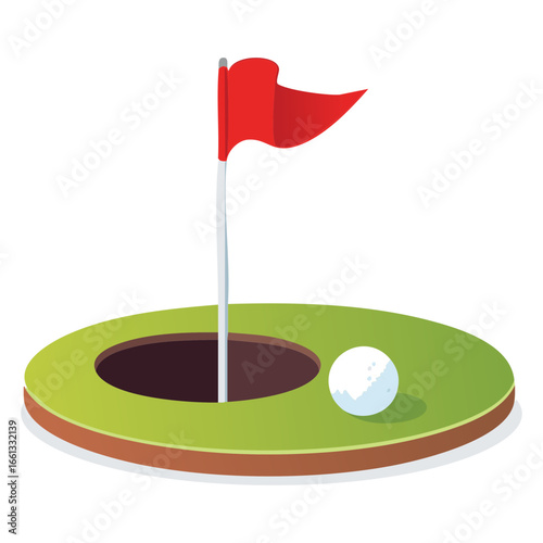 A single golf ball next to a hole with a red flag, ready to drop in