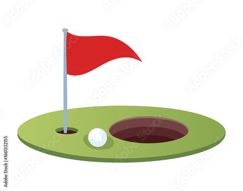 golf balls near the hole with a red flag on a flat course, with a light shadow