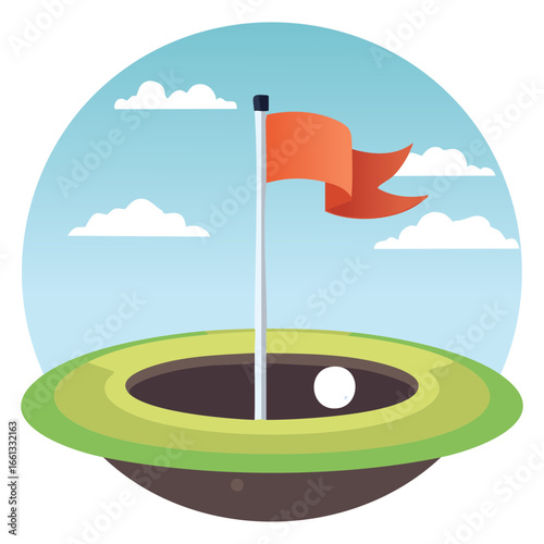 Golf hole with a red flag and ball, with a scenic background of hills and clouds