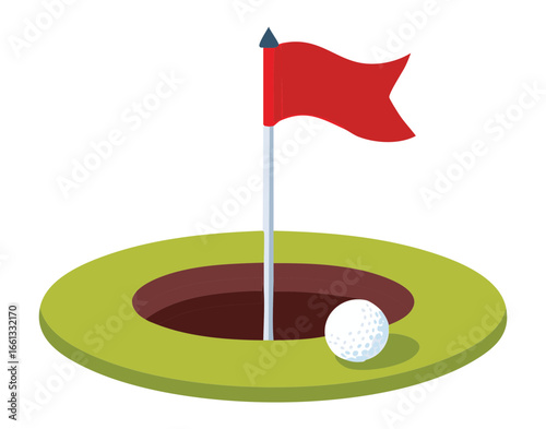 Red flag marking the golf hole with a white ball right at the edge of the cup