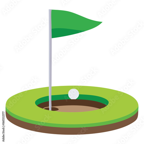 Golf ball near the hole with a green flag, ready to be putted in on the course