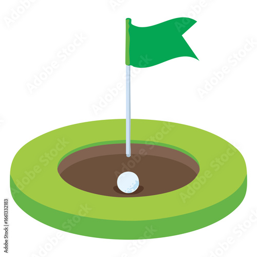 Golf ball near the hole on a course with a green flag, seen from a higher angle
