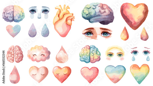 Watercolor illustration of brain, heart, eyes, and tears in pastel tones representing emotions, psychology, and mental health concepts.