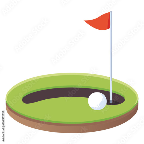 A minimalist vector art of a golf hole with a red flag and a ball, a clear symbol for the sport of golf and aiming