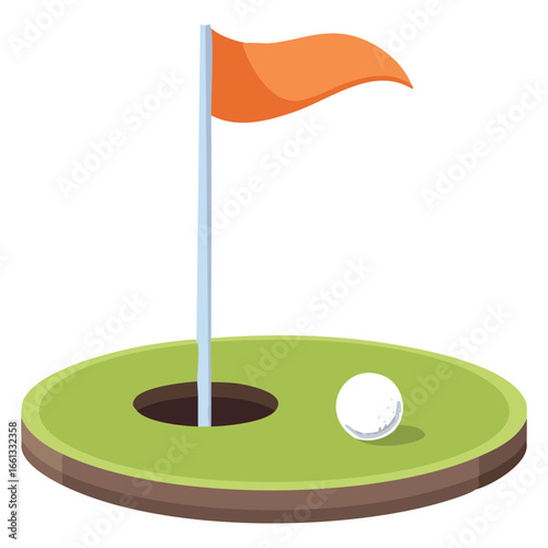 A cute vector drawing of a golf hole with an orange flag, a perfect visual for the sport of golf and aiming for a hole-in-one