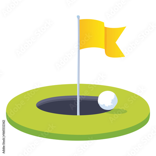 An animated illustration of a golf hole with a yellow flag, a fun icon for representing the classic sport and hitting a perfect shot