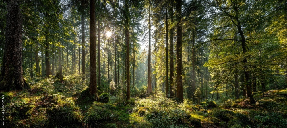 Obraz premium Sunlight streams through a dense forest