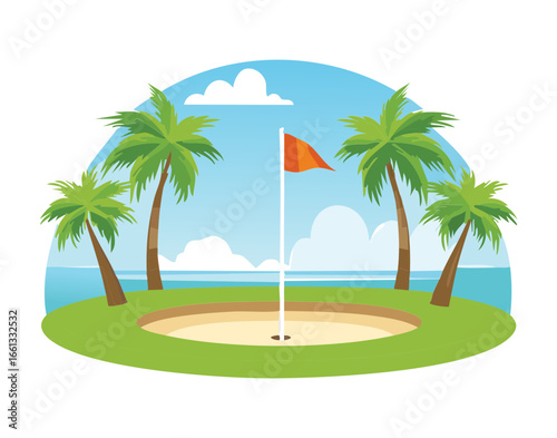 Illustration of two beachside golf holes with palm trees