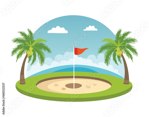 Illustration of a beachside golf hole with palm trees