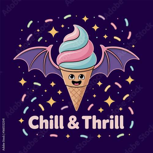 Ice cream with bat wings, chill and thrill message, star confetti, cute kawaii style, halloween food icon, vector illustration, logo or emblem, social media graphic