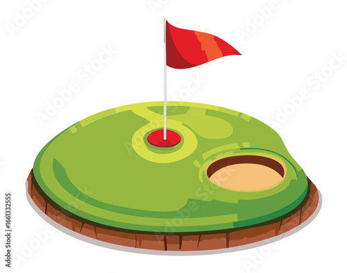 Illustration of a golf hole with two bunkers and a red flag