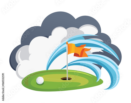 Illustration of a golf hole during a chaotic wind and storm