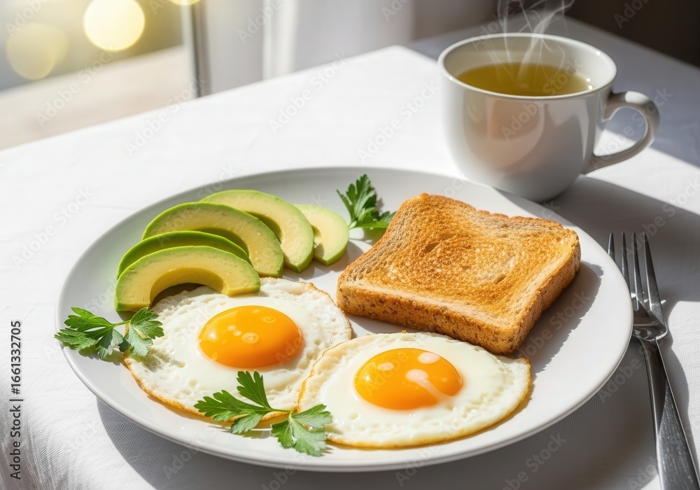 Fototapeta premium Sunny side up eggs with avocado and toast on white plate