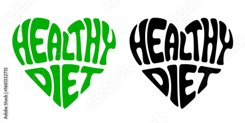 Heart-shaped sticker featuring "HEALTHY DIET" in colorful and black design for health and well-being