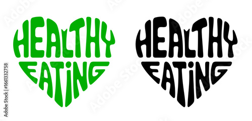 Heart-shaped sticker featuring "HEALTHY EATING" in colorful and black design for dietary and wellness concept