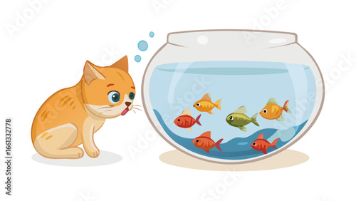 Curious orange kitten intently watching colorful fish swim inside a glass fishbowl with bubbles rising isolated on transparent background isolated on white background