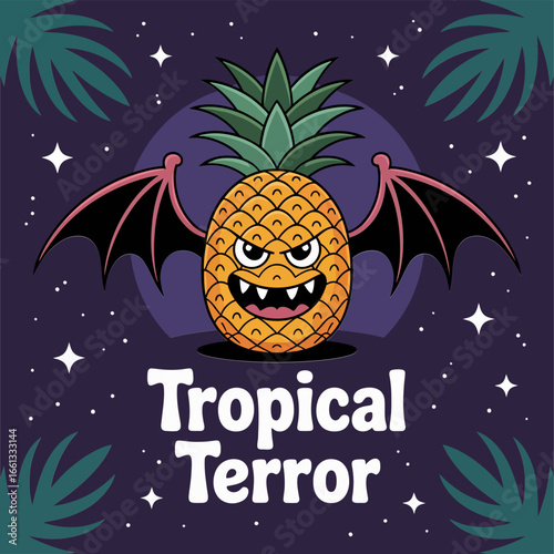 Flying pineapple jack o lantern with bat wings, tropical terror caption, starry night, Halloween vector illustration, spooky party poster, merchandise and labels
