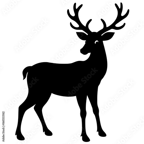 Majestic black silhouette of a male deer with antlers standing gracefully on a white background isolated on white background isolated on transparent background