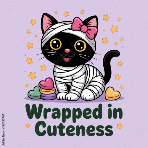 Wrapped in cuteness sweet cat mummy sitting with pumpkin and hearts cute Halloween quote graphic for kids stickers posters t shirts vector