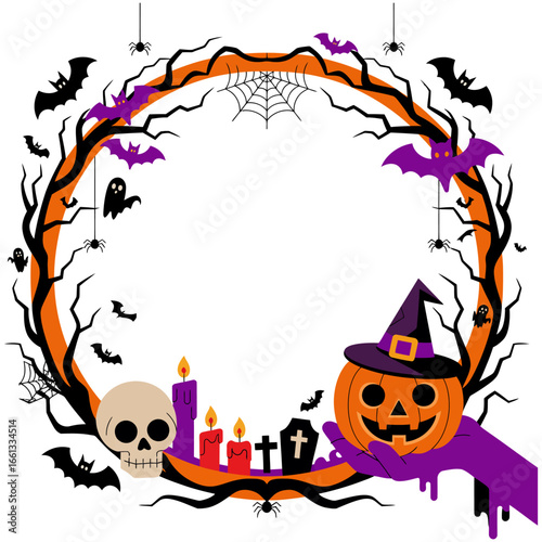 Halloween frame border, wreath with jack o lantern and skulls, witch hat and candles, spider web and bats, vector template, invitation card, printable design, copy space