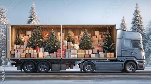 Open large cargo truck with Christmas trees & gifts inside

